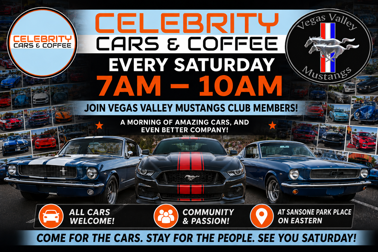 Promotional banner for Celebrity Cars & Coffee every Saturday 7AM–10AM, featuring three classic cars in the foreground and a collage of cars in the background.
