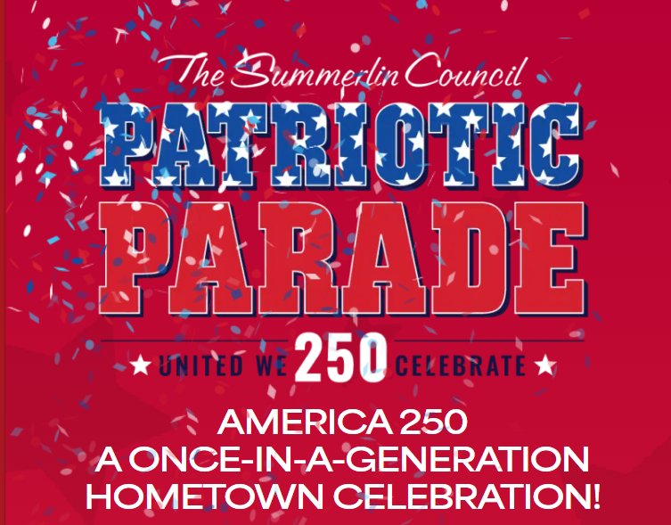 Poster for The Summerlin Council Patriotic Parade celebrating America 250, with bold blue and white lettering and confetti on a red background.