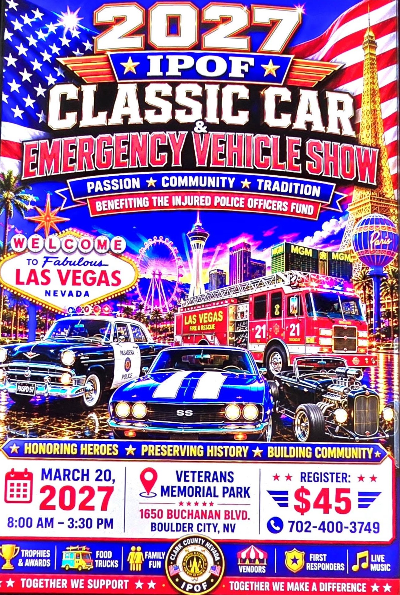 Poster advertising the 2027 IPOF Classic Car & Emergency Vehicle Show in Las Vegas with neon cars, police and fire vehicles, and Las Vegas landmarks in the background.