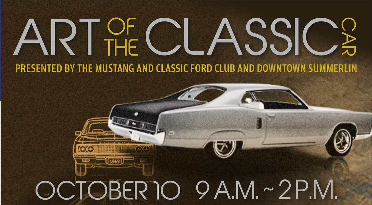 Poster for Art of the Classic Car event featuring vintage cars with the date October 10, 9:00 AM–2:00 PM and presenting sponsors listed prominently.